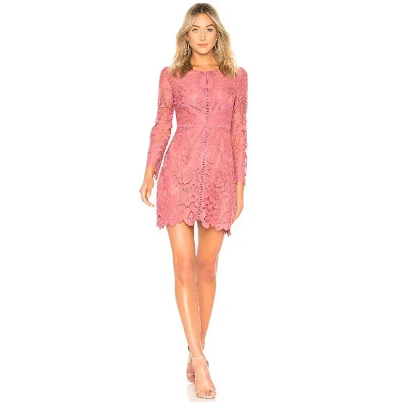 Cupcakes & Cashmere Mini Dress Makenna Rose Pink Lace Long Sleeve Bodycon Boho 0 - Picture 5 of 6